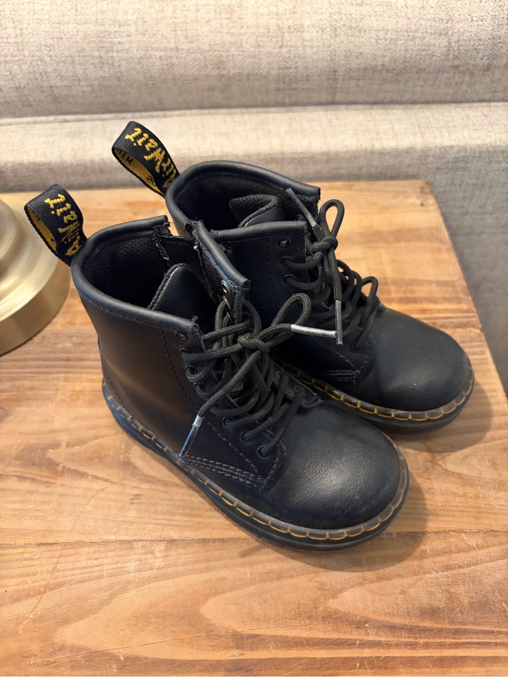 Dr. Martens Kids Black Lace-Up Ankle Boots with Yellow Stitching